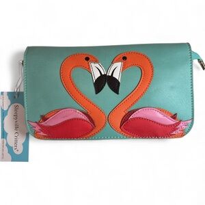 NEW! Sleepyville Critters Flamingo Love Wristlet Crossbody Bag NWT Green (Flaw)